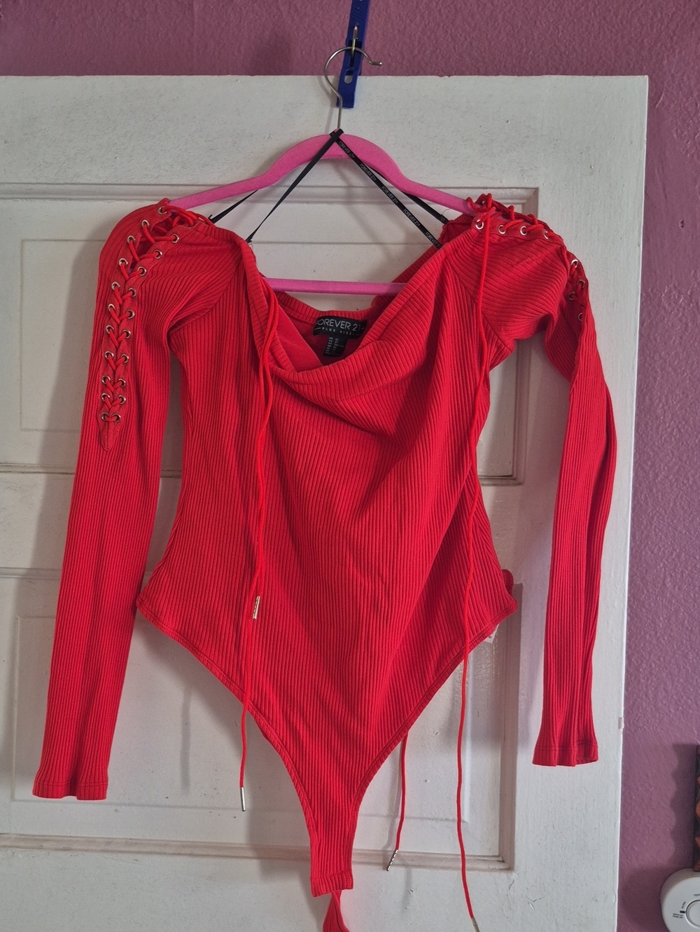 Forever 21 Red Ribbed Lace-Up Off-Shoulder Long Sleeve Bodysuit